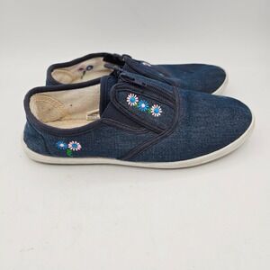 American Sweetheart Denim Slip On Shoes Embroidered Flowers Zip Size 7M
